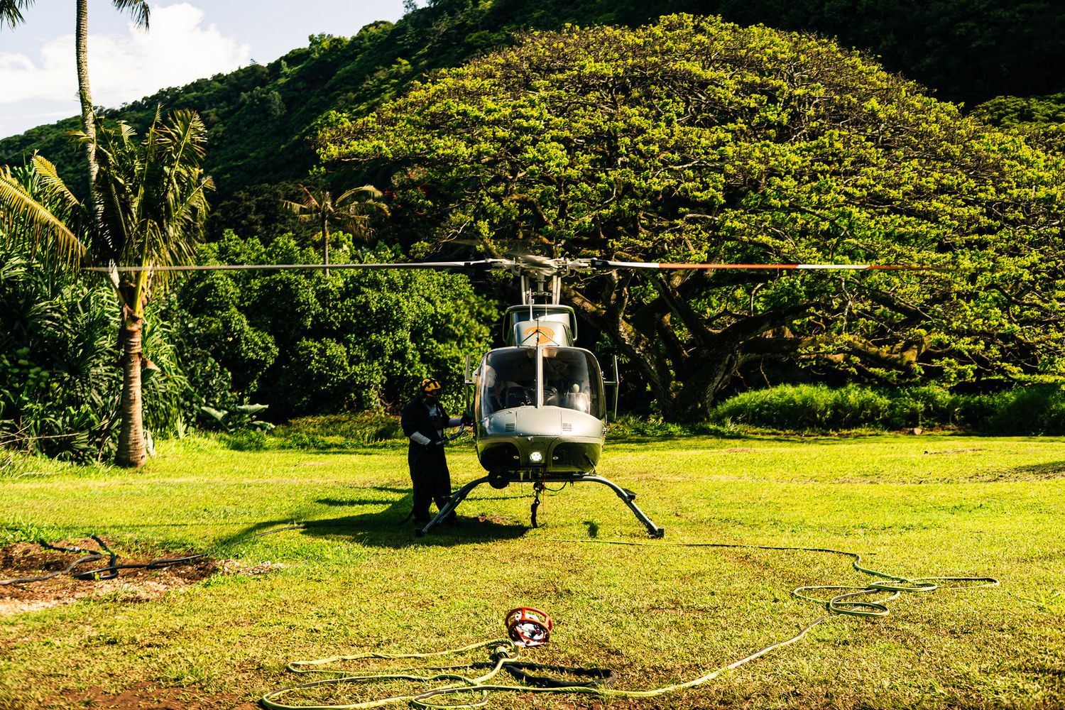 Helicopter and ground crew at the staging area