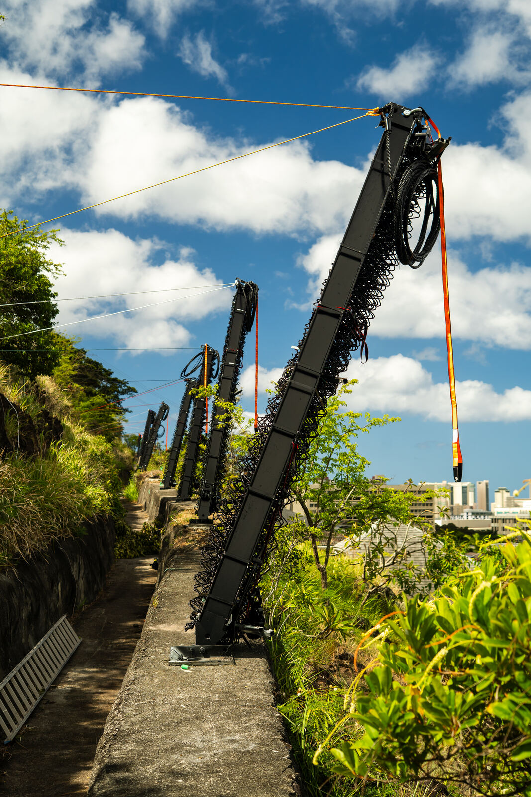 Row of finished black barrier posts along the hillside