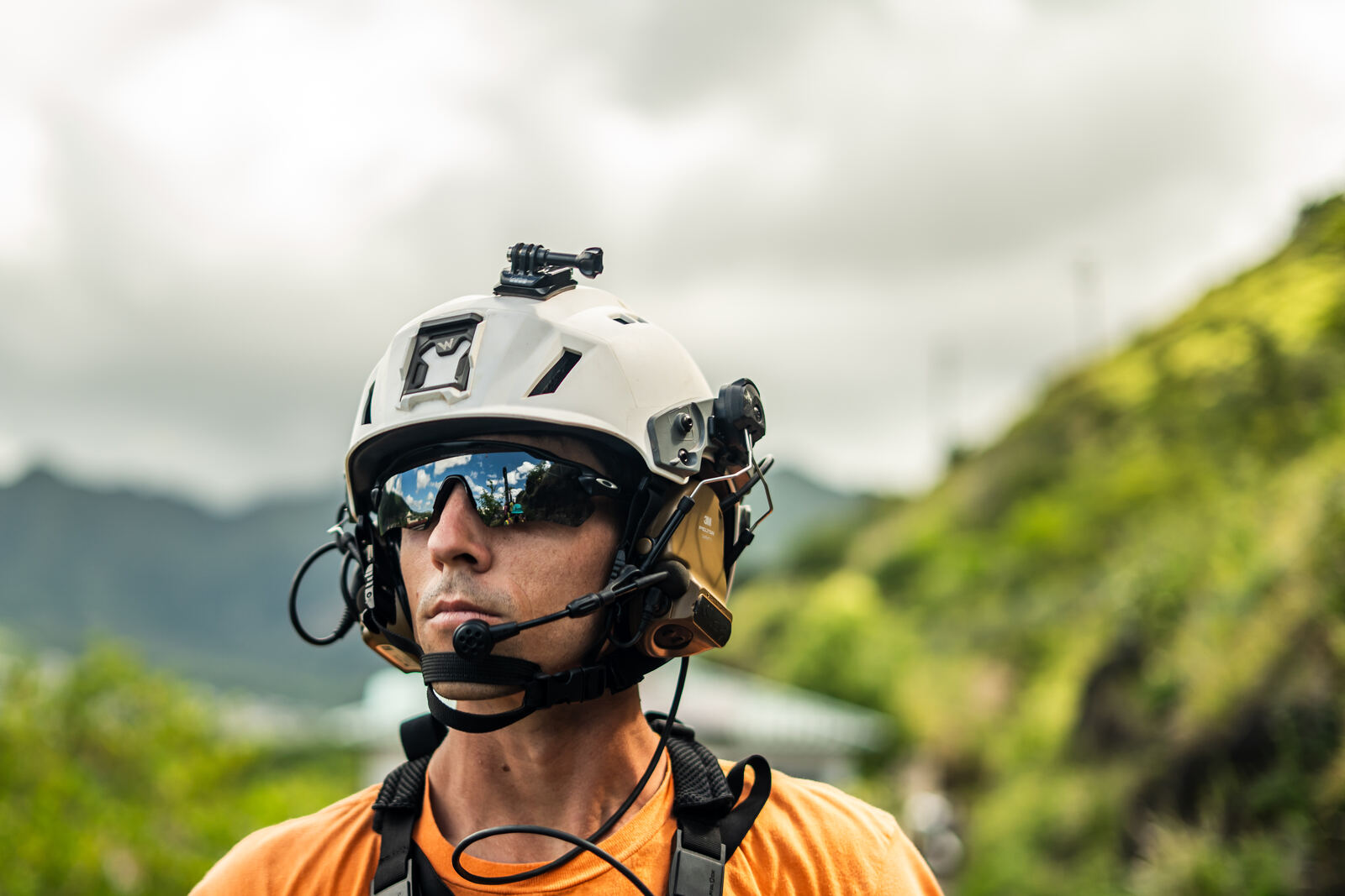 Rope-access crew member in helmet and headset